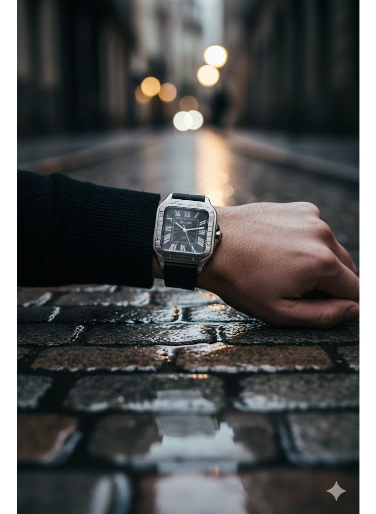 كارتييه ساعة يد رجالي فاخرة بتصميم مربع – سوار سيليكون أسود مع قرص أسود وأرقام رومانية - Image 4